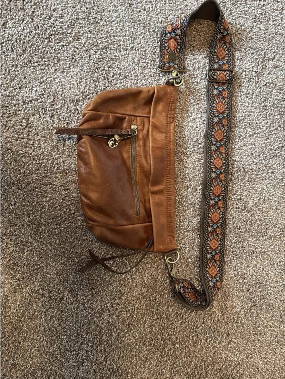 Leather Crossbody Bag with Embroidered Strap - Tan
